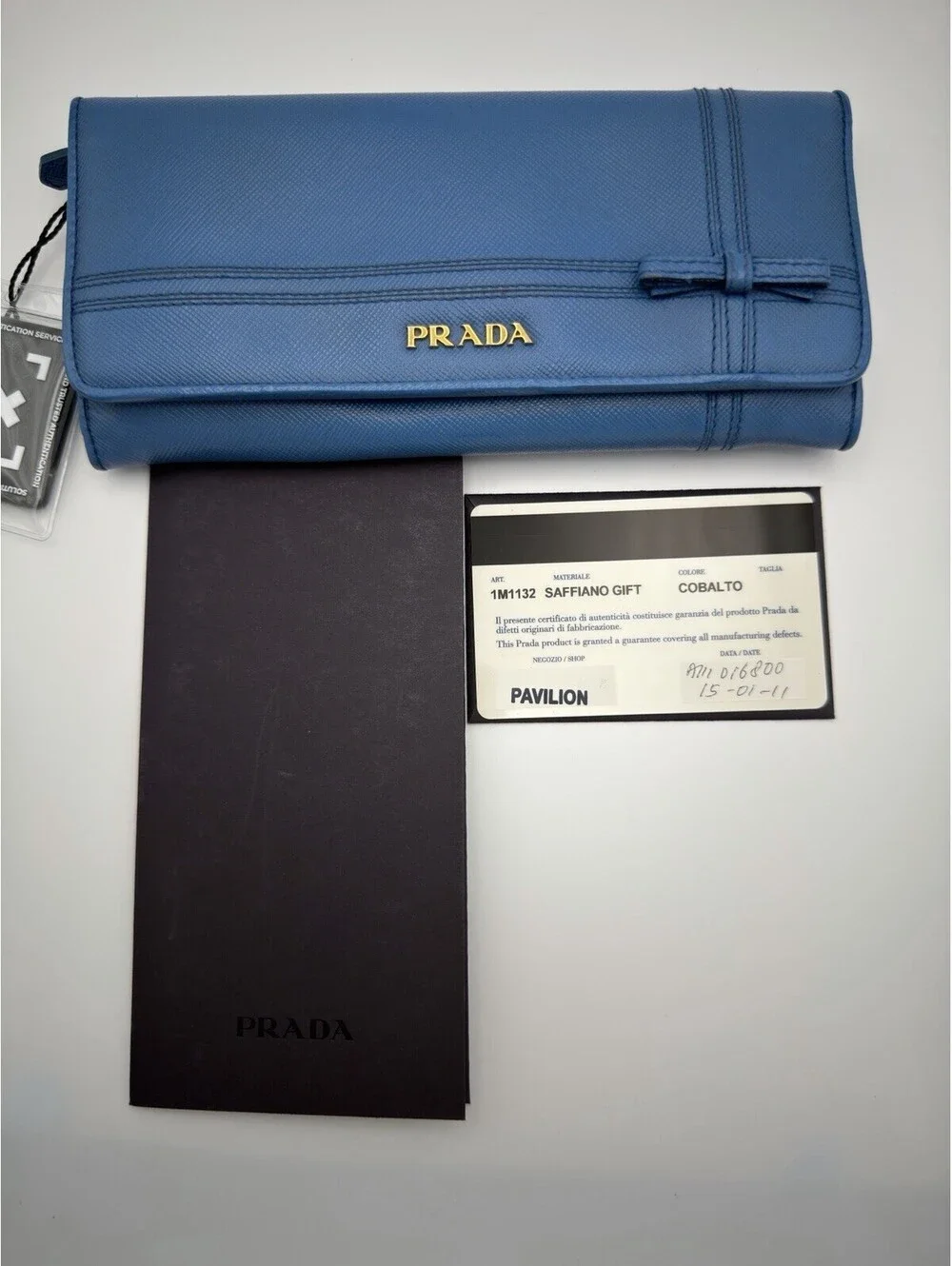Authentic PRADA Blue Saffiano Leather Women Long Wallet Bow COA